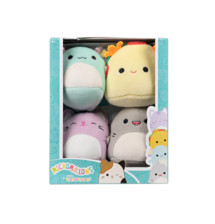 Dedoles SQUISHMALLOWS Micromallows 4Pack - axolotl, mačka, taco, žralok Viacfarebná