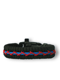 Schwarzes, rotes und blaues Paracord-Armband Track mit Anzünder, Kompass und Pfeife