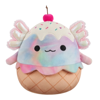 Peluche Squishmallows de 20 cm Tinley le sundae à la crème glacée orné d'un axolotl tie-dye arc-en-ciel