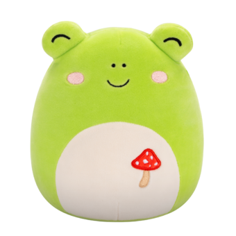 Peluche Squishmallows de 20 cm Wendy la grenouille verte sur laquelle est brodée un champignon