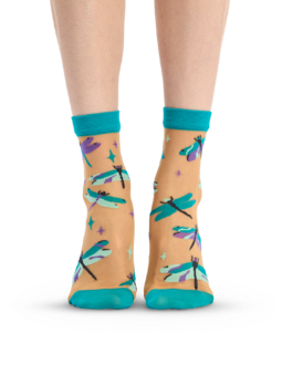 Chaussettes rigolotes en nylon Libellules turquoise
