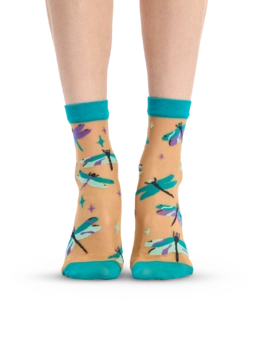 Chaussettes rigolotes en nylon Libellules turquoise