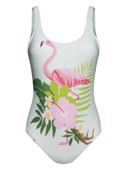 Vidám egyrészes női fürdőruha Trópusi flamingó