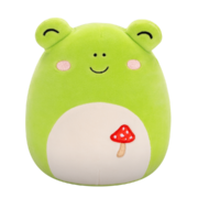 Peluche Squishmallows de 20 cm Wendy la grenouille verte sur laquelle est brodée un champignon