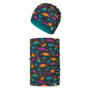 Весел детски комплект от лека плетена шапка и шал-яка Динозаври и вулкани