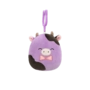 Peluche Squishmallows de 9 cm accrochable Alexie la vache violette et noire avec nœud papillon