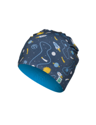 Весел детски комплект от лека плетена шапка и шал-яка Ракета в космоса