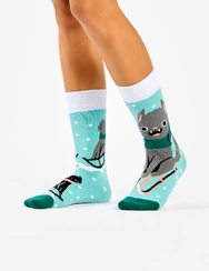 Veselé teplé ponožky Mačka na sánkach