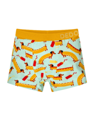 Vidám fiú bokszeralsó Hot-dog