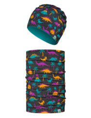 Весел детски комплект от лека плетена шапка и шал-яка Динозаври и вулкани