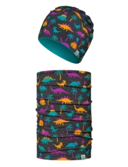 Veselá souprava dětské čepice a nákrčníku Dinosauři a sopky