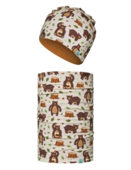 Весел детски комплект от лека плетена шапка и шал-яка Гладна мечка