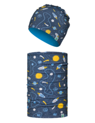 Весел детски комплект от лека плетена шапка и шал-яка Ракета в космоса