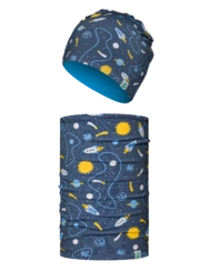 Veselá souprava dětské čepice a nákrčníku Raketa a vesmír