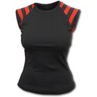 Schwarzes Frauen-T-Shirt mit schwarzen und roten Streifen Schwarzes Frauen-T-Shirt mit schwarzen und roten Streifen