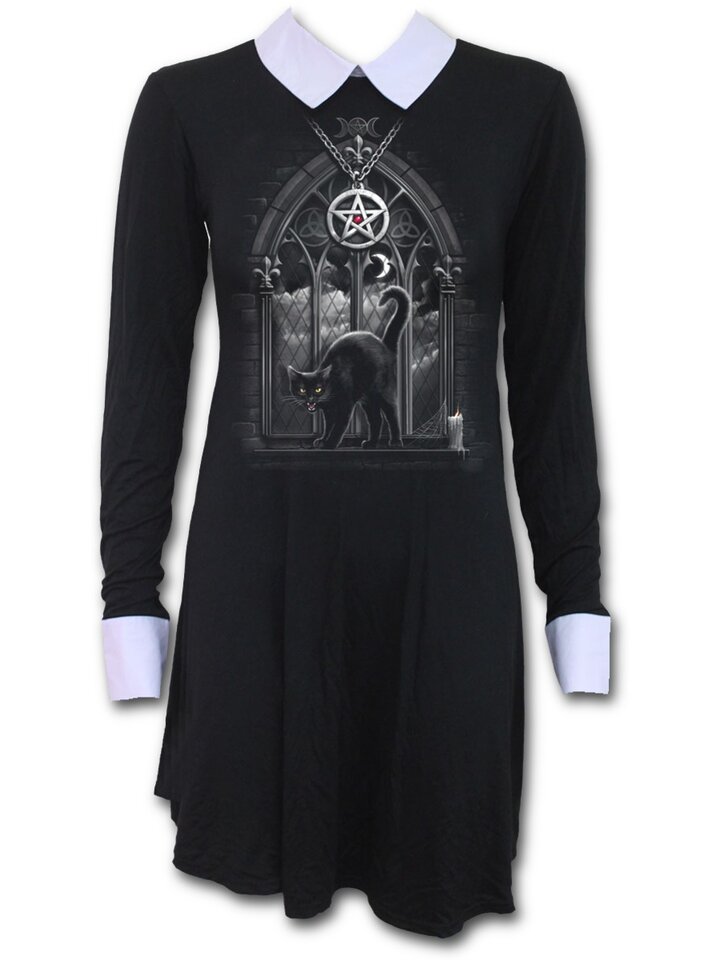 Damen Kleid Mit Kragen Mit Dem Motiv Schwarze Katze Im Fenster Dedoles