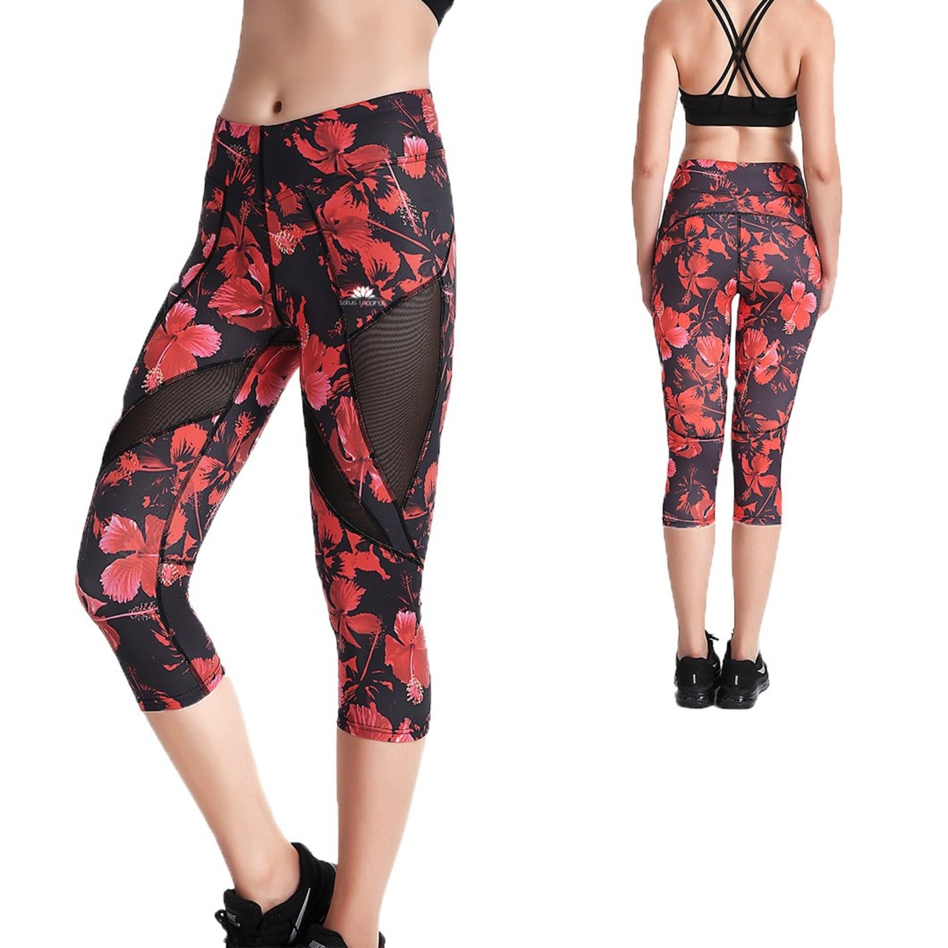 Damen Sport Capri Leggings mit Netz Rote Blumen Dedoles