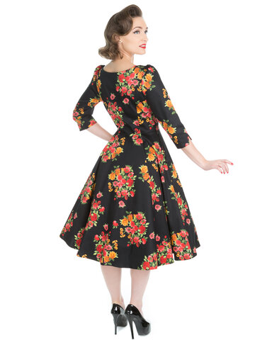 Sleva Černé retro květované pin up šaty s rukávem 