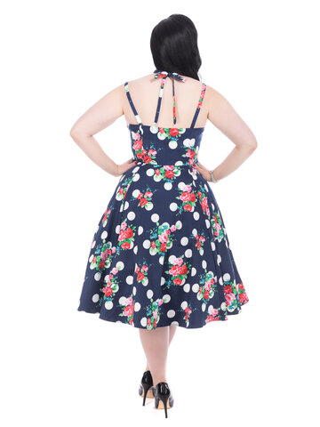 Hľadáte originálny a nezvyčajný darček? Obdarovaného zaručene prekvapí Modré bodkované retro pin up šaty Červené kvety