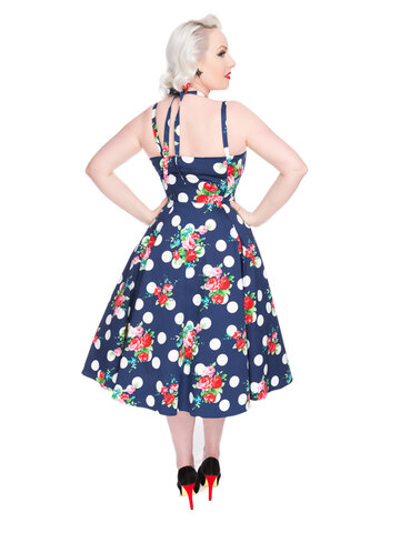 Obrázok produktu Modré bodkované retro pin up šaty Červené kvety