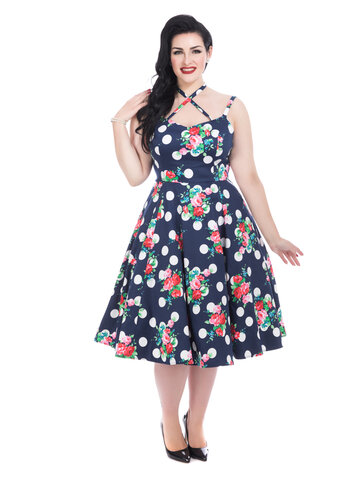 Tip na darček Modré bodkované retro pin up šaty Červené kvety