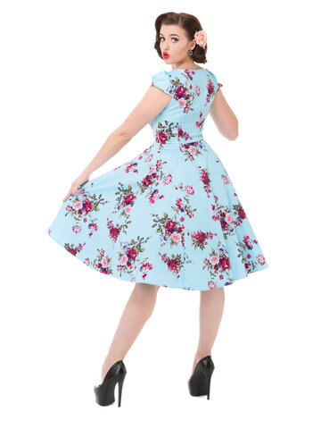 Lifestyle foto Modré retro pin up šaty Ružové ruže