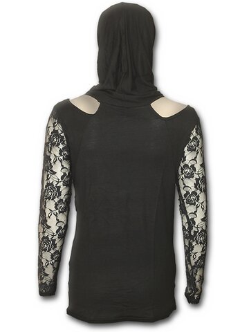 Výpredaj Čierne dámske tričko s dlhým čipkovaným rukávom