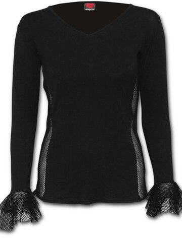 Pre dokonalý a originálny outfit Čierne dámske tričko s dlhým rukávom a sieťovanými volánmi