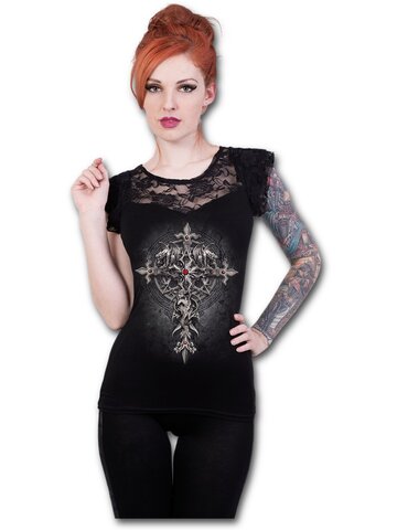 Výnimočný darček od Dedoles Dámske tričko s čipkou s motívom Gotický kríž