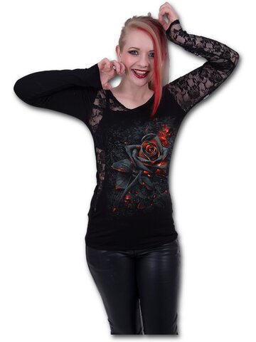 Pre dokonalý a originálny outfit Dámske tričko s čipkou s motívom Ohnivá ruža