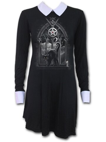 Dedoles oryginalny prezent Ladies' Dress with Collar and design Black Cat in Window