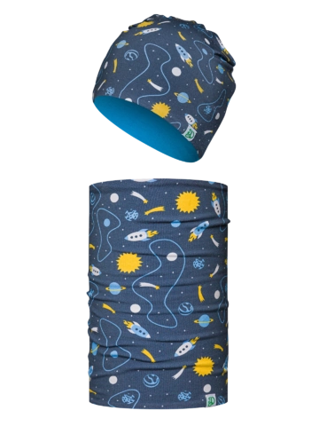 Tip na darček Veseli dječji komplet lagane pletene kape i grijača za vrat Raketa i svemir