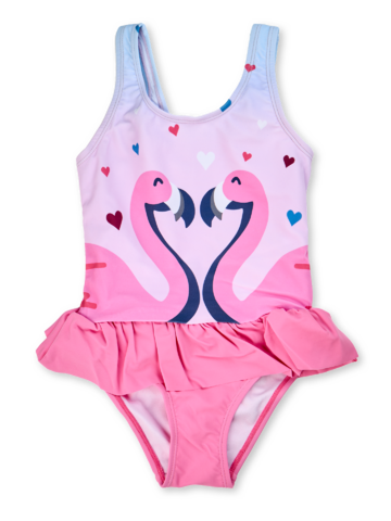 Lifestyle fotó Vidám lány fürdőruha Szívecskék és flamingók