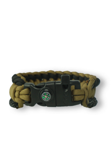 a tökéletes és egyedi ruházathoz Coyote paracord karkötő Salvadora tűzkővel, iránytűvel, síppal, reflexcorddal és firecorddal