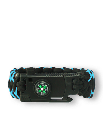 Výpredaj Modro-čierny paracord náramok Warrior s nožom kresadlom, kompasom a píšťalkou