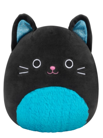 Výpredaj Peluche Squishmallows de 20 cm Eponine le chat noir au ventre duveteux bleu néon et aux oreilles scintillantes