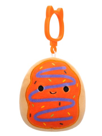 Hľadáte originálny a nezvyčajný darček? Obdarovaného zaručene prekvapí Squishmallows con clip-on Jay la ciambella con glassa arancione spruzzata di viola, 9 cm