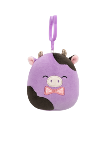 Výnimočný darček od Dedoles Плюшена играчка-висулка Squishmallows Лилаво-черната крава Алекси с папионка, 9 см