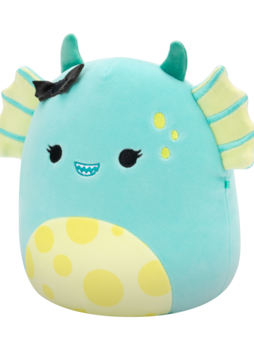 Pre dokonalý a originálny outfit Плюшена играчка Squishmallows Синьозеленото блатно чудовище с петнисто коремче и фибичка с прилеп Добродушко, 20 см