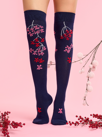 Chaussettes rigolotes hautes au dessus des genoux Geranium rose et rouge Dedoles