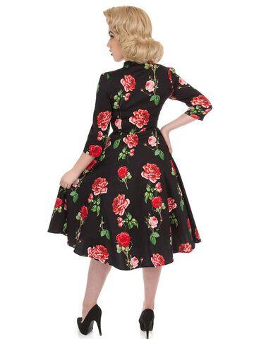 Pre dokonalý a originálny outfit Čierne retro pin up šaty s rukávom Červené ruže