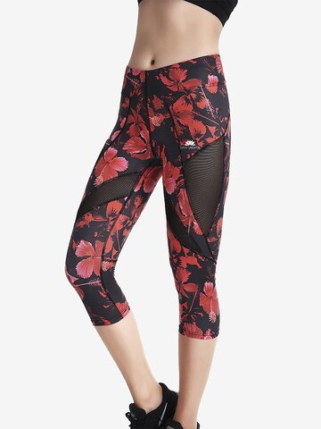 Kiárusítás Női sportos capri leggings hálós résszel Űr részek Piros virágok