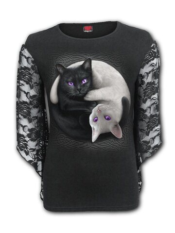 Lifestyle foto Dámske tričko s čipkovanými rukávmi Jing Jang mačky