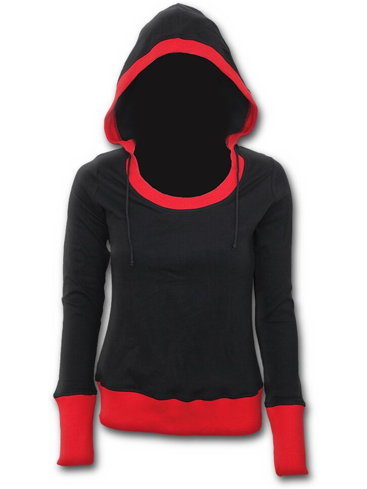 Výpredaj Čierna dámska mikina s kapucňou a červeným lemovaním