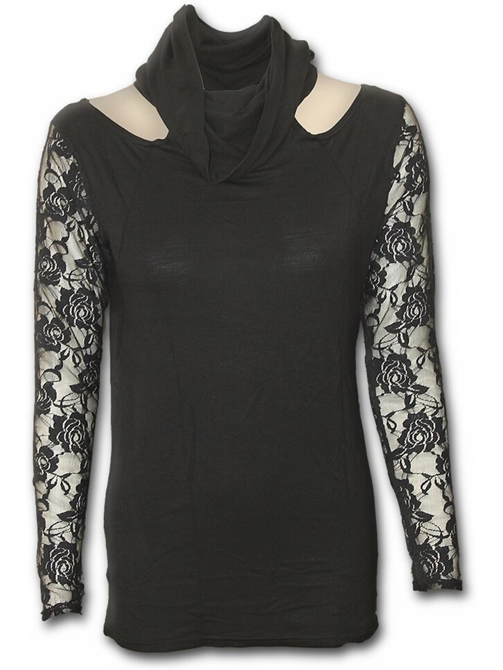 Zľava Čierne dámske tričko s dlhým čipkovaným rukávom