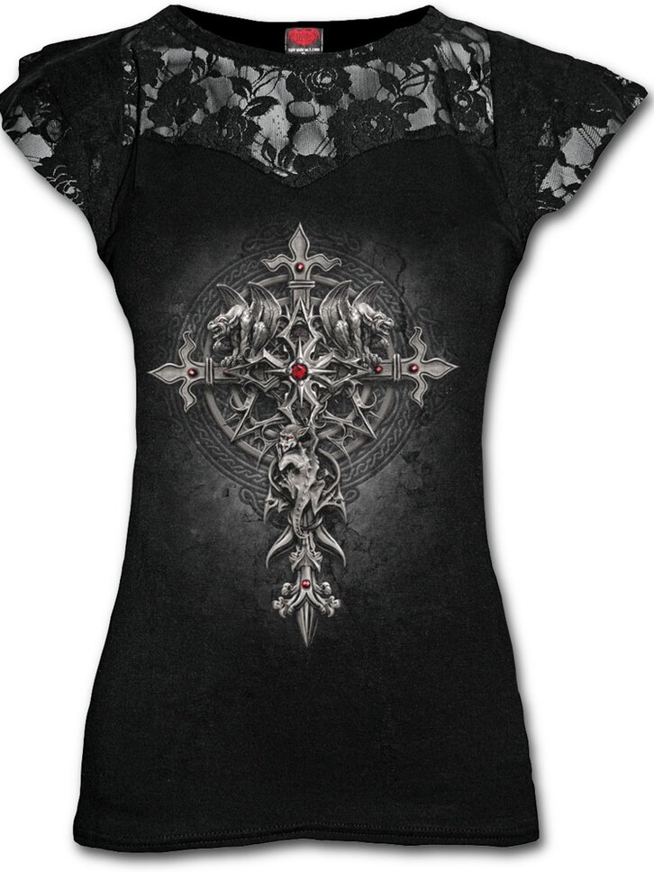 Výpredaj Dámske tričko s čipkou s motívom Gotický kríž