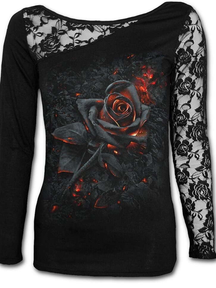 Hľadáte originálny a nezvyčajný darček? Obdarovaného zaručene prekvapí Dámske tričko s čipkou s motívom Ohnivá ruža