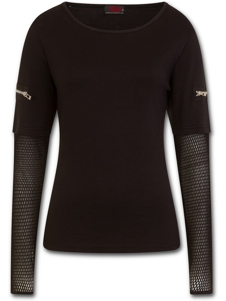 Ajándék tipp Női póló hosszú hálós ujjakkal és cipzárokkal - fekete