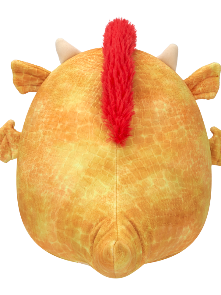 Lifestyle foto Squishmallows Dieric il drago giallo testurizzato con cresta rossa, 40 cm