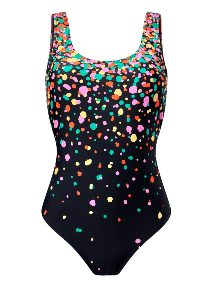 Lifestyle fotó Vidám egyrészes női fürdőruha Színes cseppek